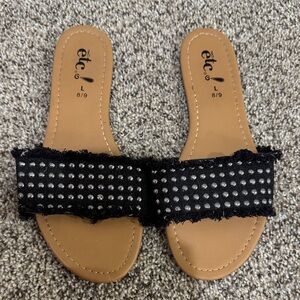 TC Black Studded Fringe Slide Sandals